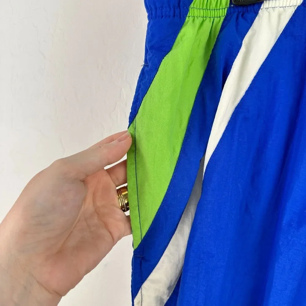 Vintage 90s Trader Bay Swim Shorts Trunks Mens L Blue Green Striped‎ Drawstring